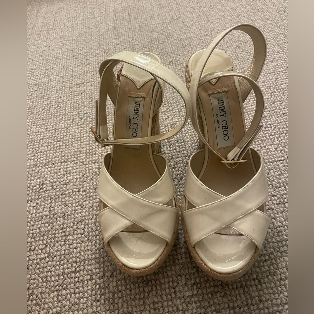 Jimmy Choo white patent leather ankle strap wedges